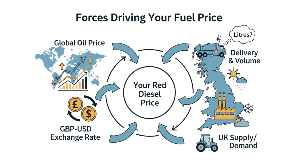 Diagram illustrating the four main factors that influence the Red Diesel Price in the UK: global markets, currency exchange, domestic demand, and delivery logistics.