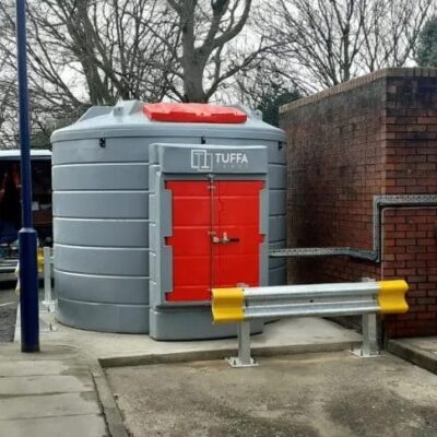 Diagram illustrating safe diesel handling procedures for a commercial fuelling area, showing the location of spill kits and safety signage required by DERV rules and regulations.